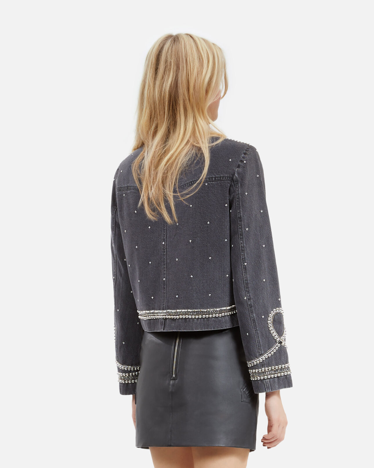 The Kooples FEMME BLACK WASHED veste en denim avec studs et perles gris