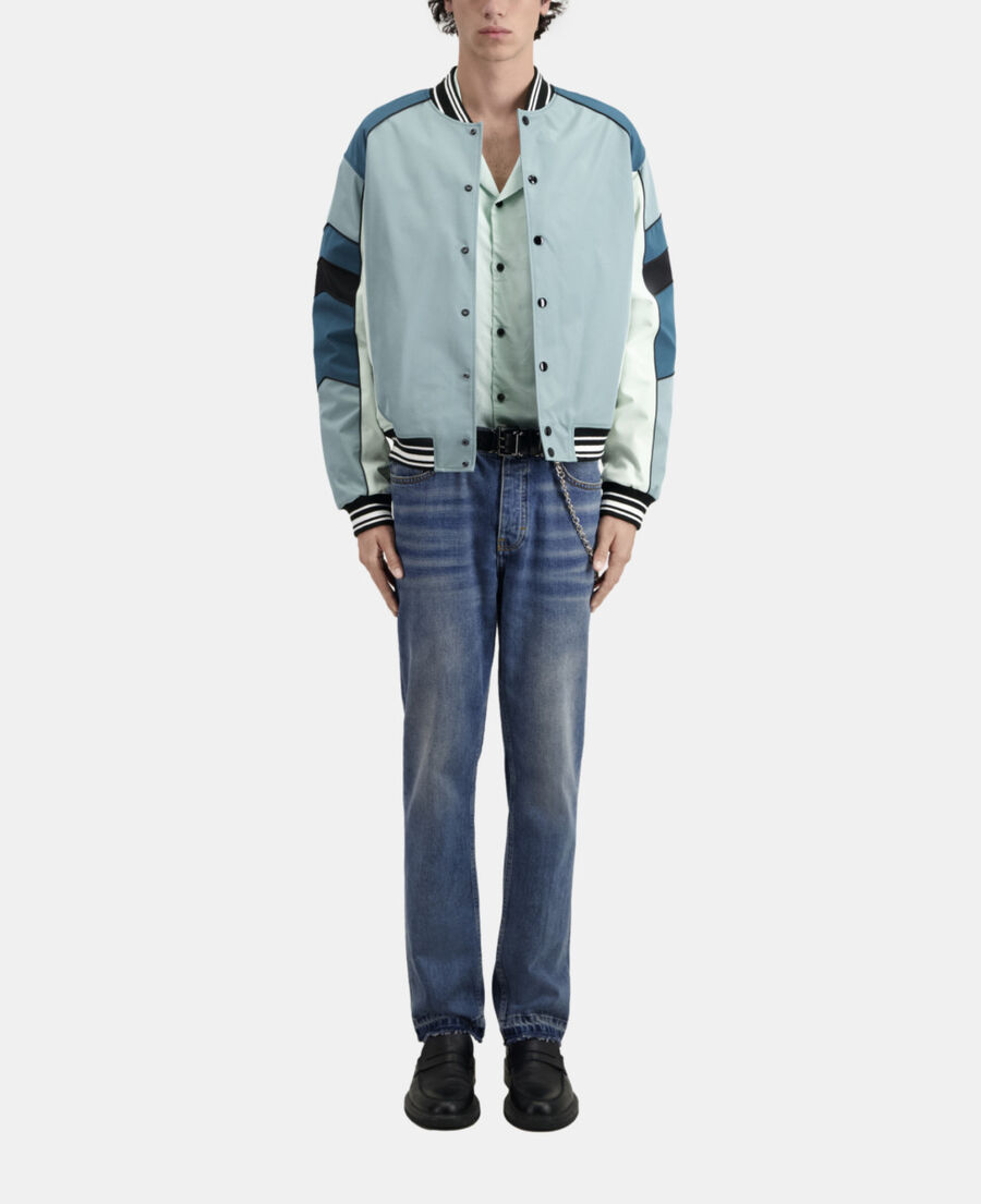 blau-grüne patchwork-jacke 