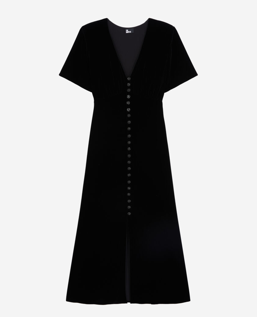 The Kooples DAMEN BLACK langes, schwarzes kleid aus samt