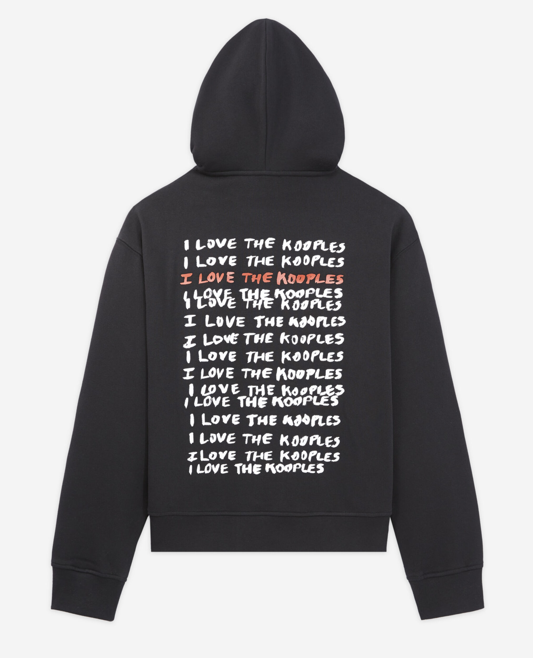 Black hooded sweatshirt with chest writing, BLACK, hi-res image number null