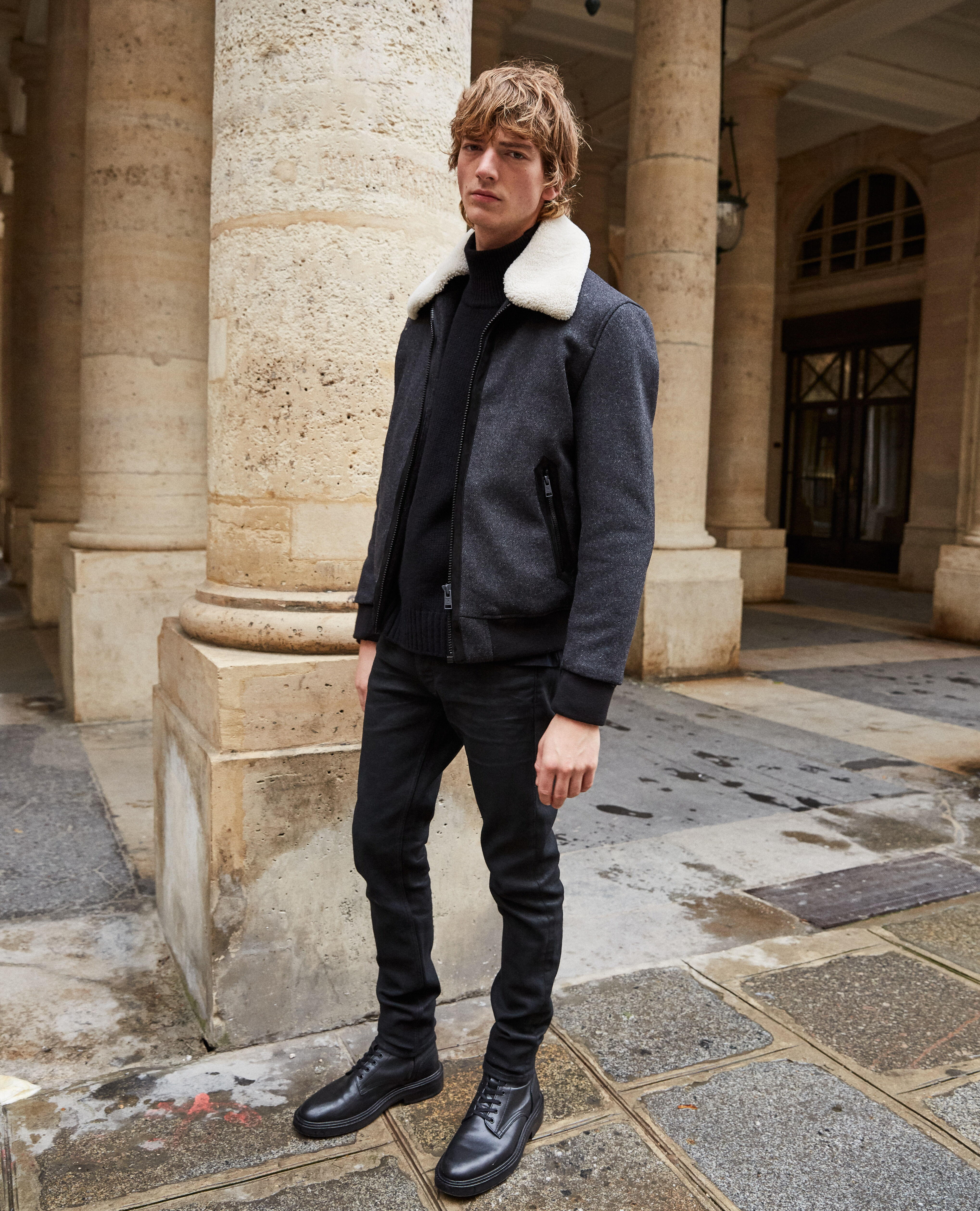 Zipped gray wool jacket with leather collar | The Kooples US