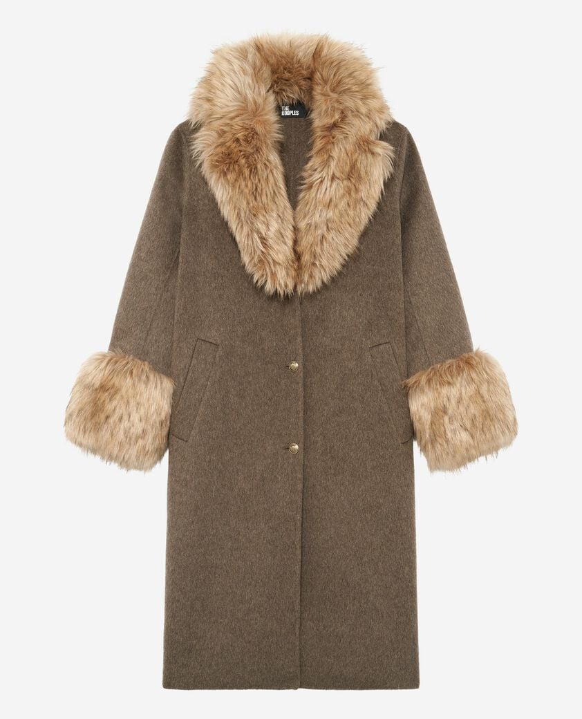 The Kooples DAMEN HAZELNUT langer mantel aus doppelseitiger wolle und braunem pelz