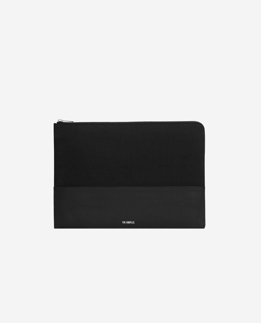 The Kooples HOMME BLACK pochette d'ordinateur en canvas et cuir grainé noir