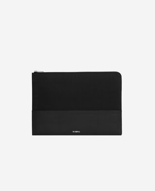 The Kooples HOMME BLACK pochette d'ordinateur en canvas et cuir grainé noir
