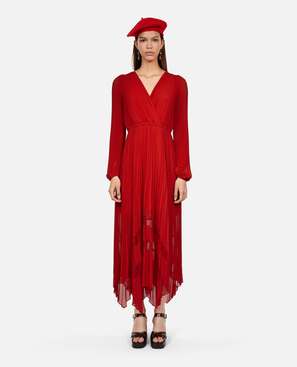 red pleated long dress
