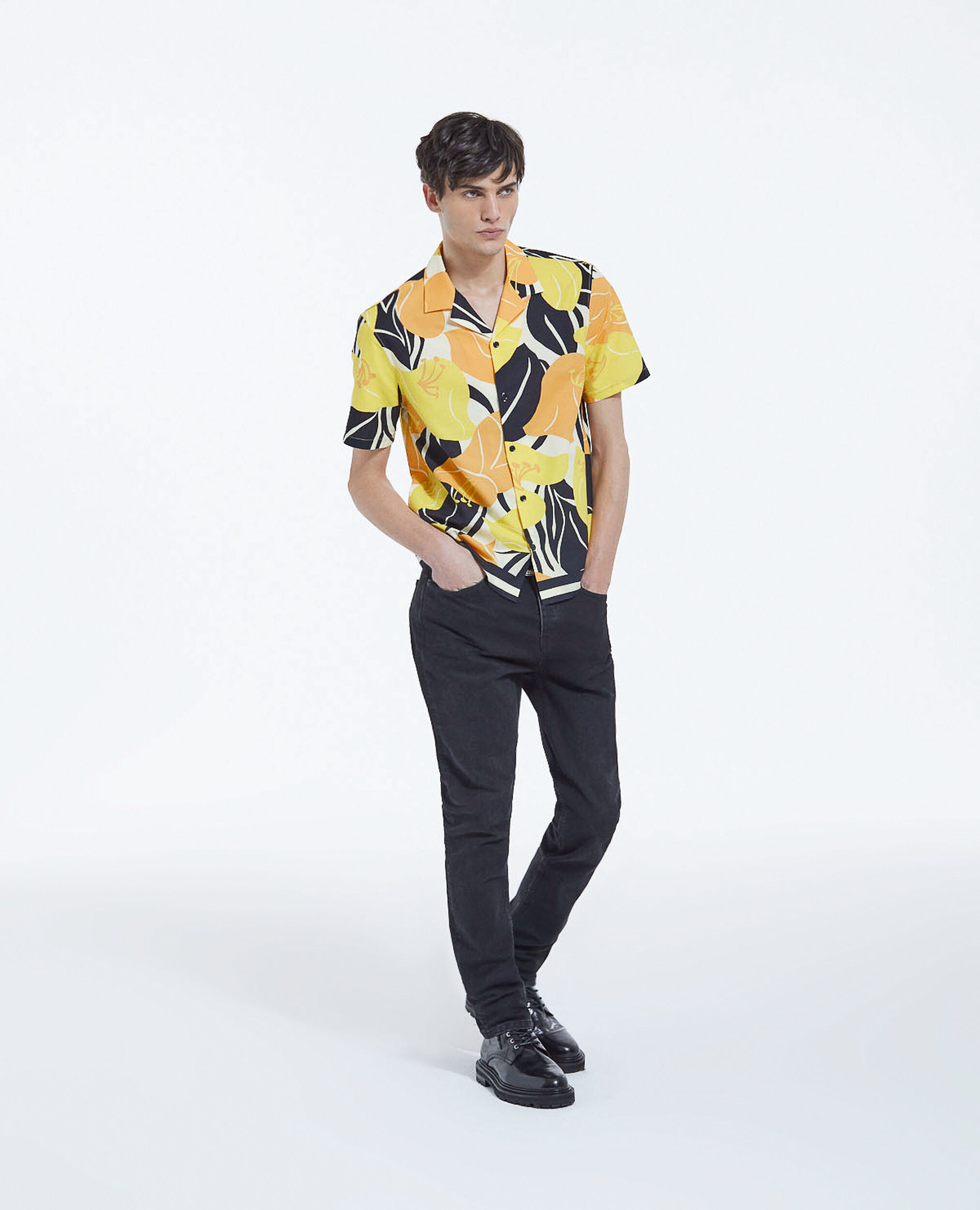 Yellow cotton shirt with hibiscus print, YELLOW BLACK, hi-res image number null