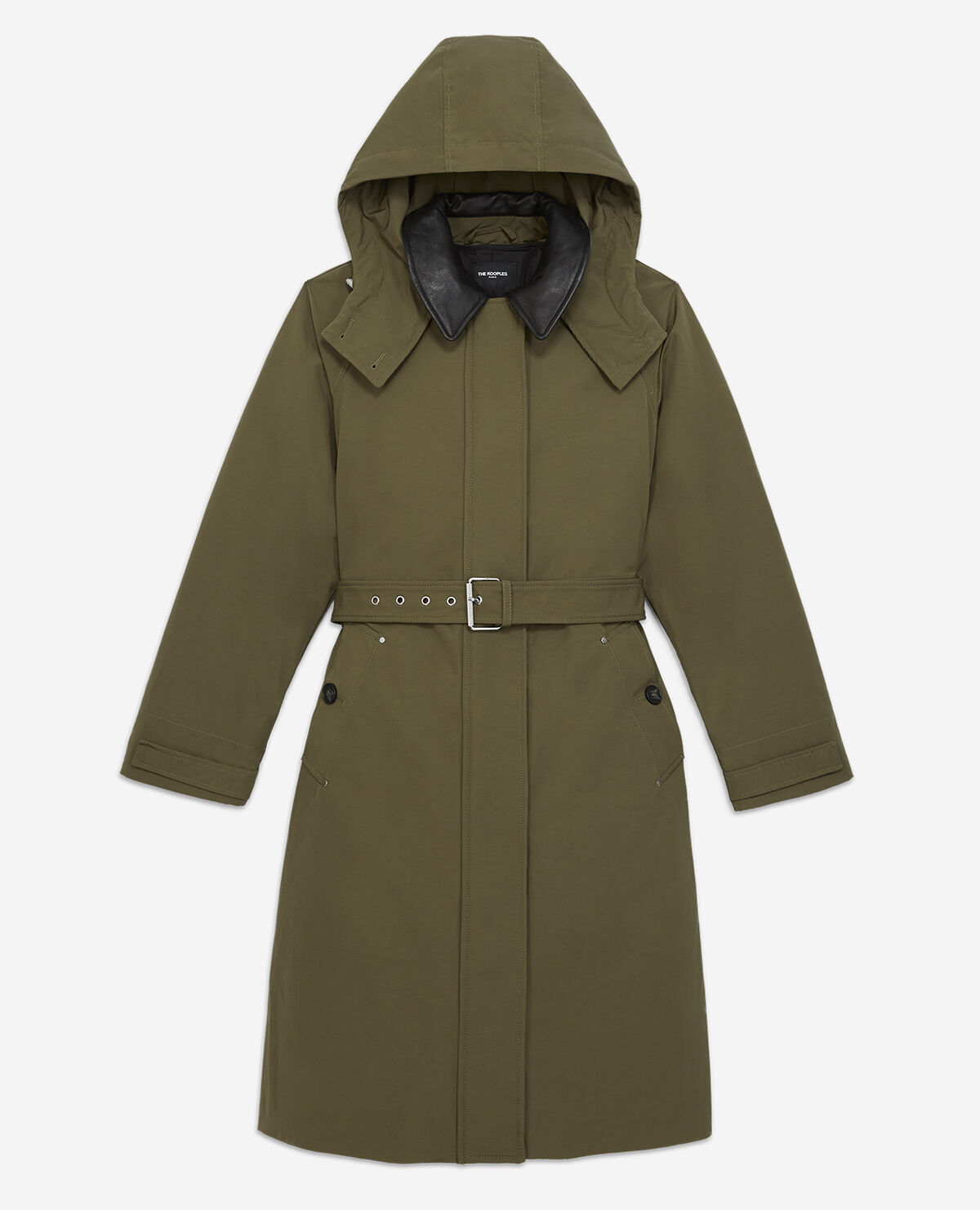 Khaki parka with leather details and belt