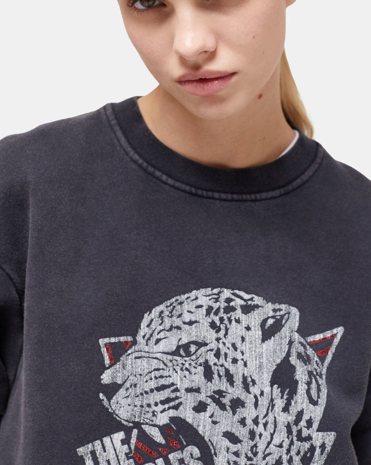 The Kooples WOMEN BLACK WASHED black sweatshirt with a tiger screen print