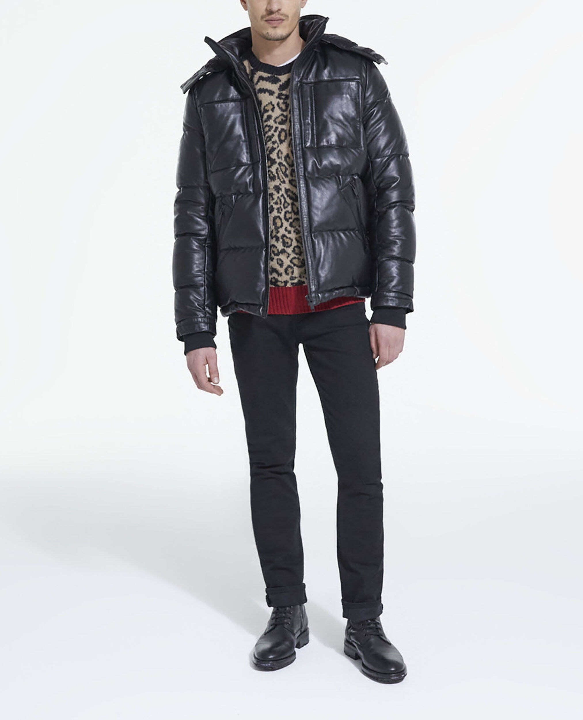 Black leather down jacket with straps, BLACK, hi-res image number null