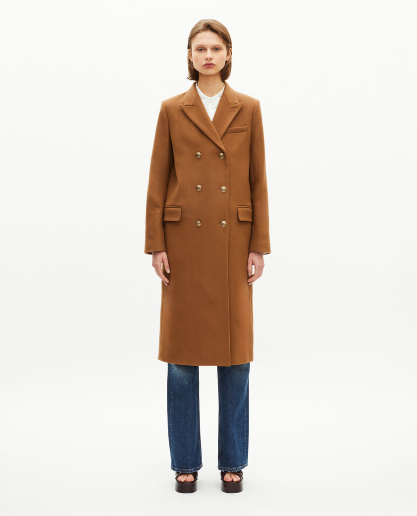 The Kooples WOMEN CAMEL MELANGE / BURGUNDY long double-breasted camel wool coat