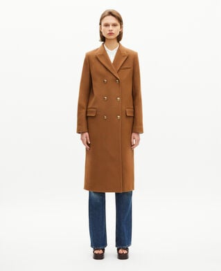 The Kooples FEMME CAMEL MELANGE / BURGUNDY manteau long crois&eacute; en laine camel