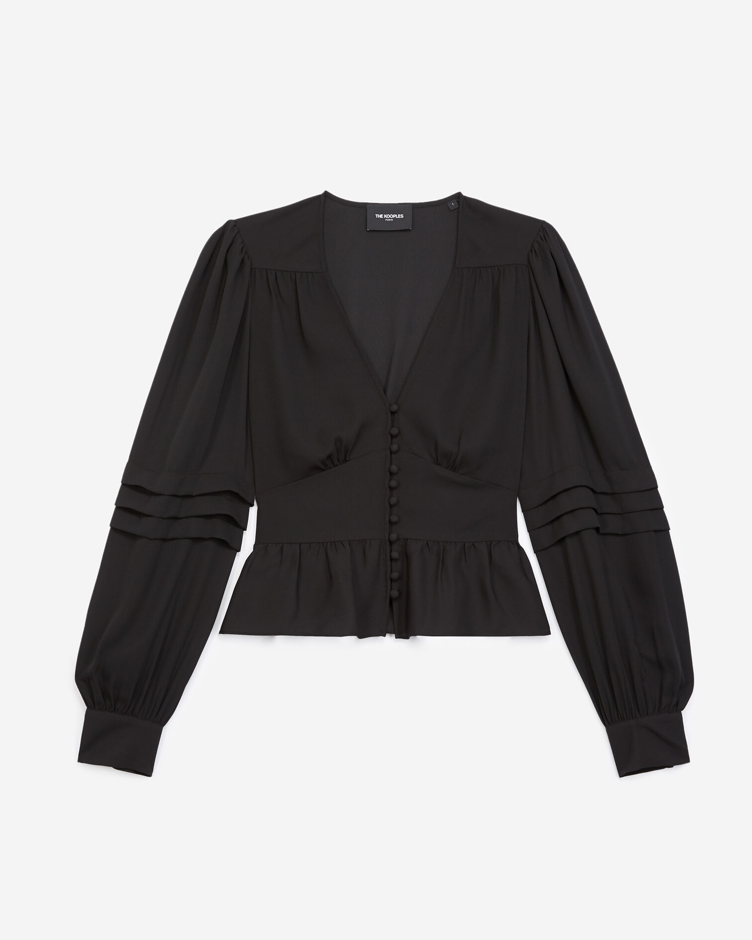 Flowing buttoned black top with peplum, BLACK, hi-res image number null