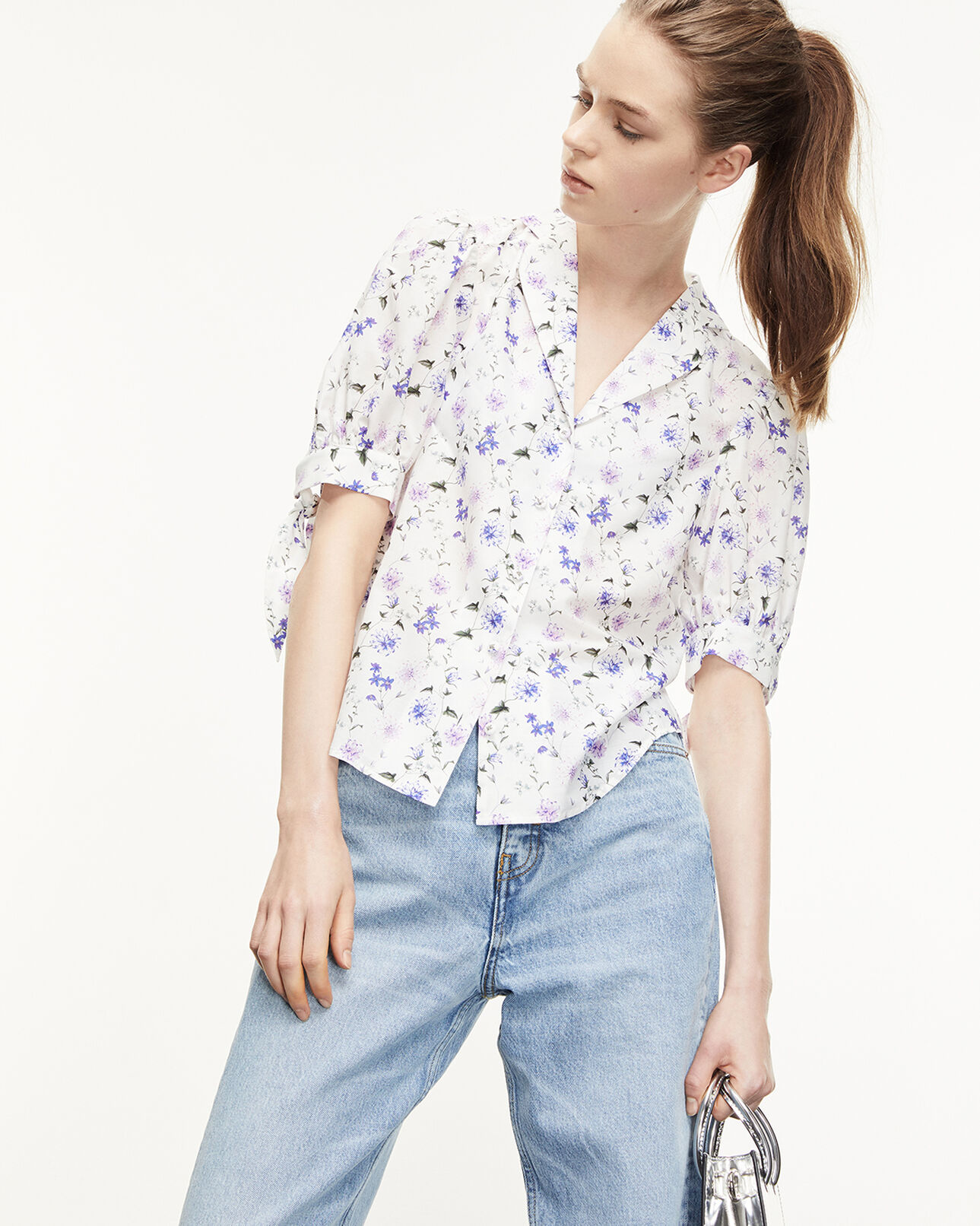 The Kooples WOMEN ECRU / LAVENDER fitted printed shirt with bow detail