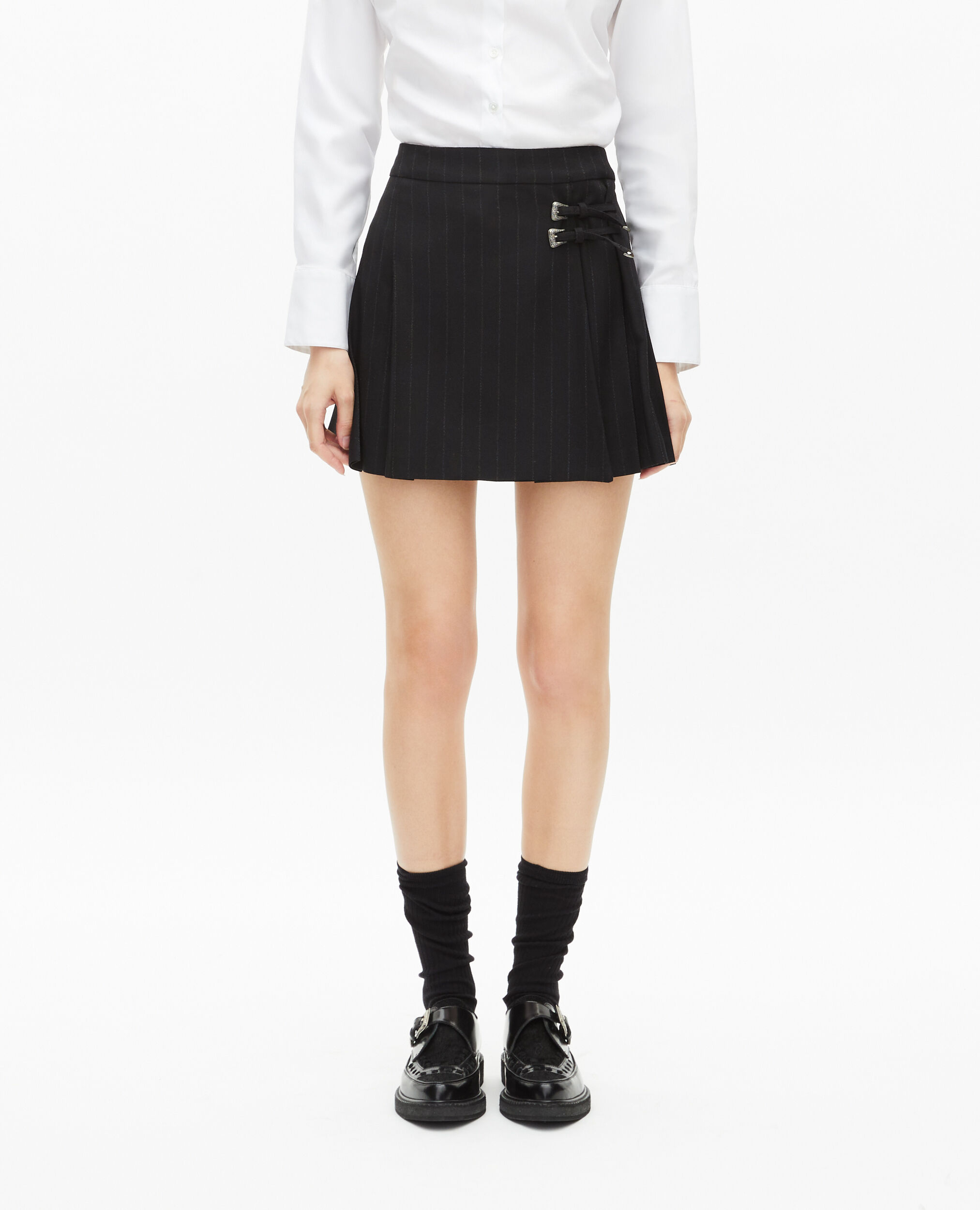 Short black striped pleated skirt, BLACK, hi-res image number null