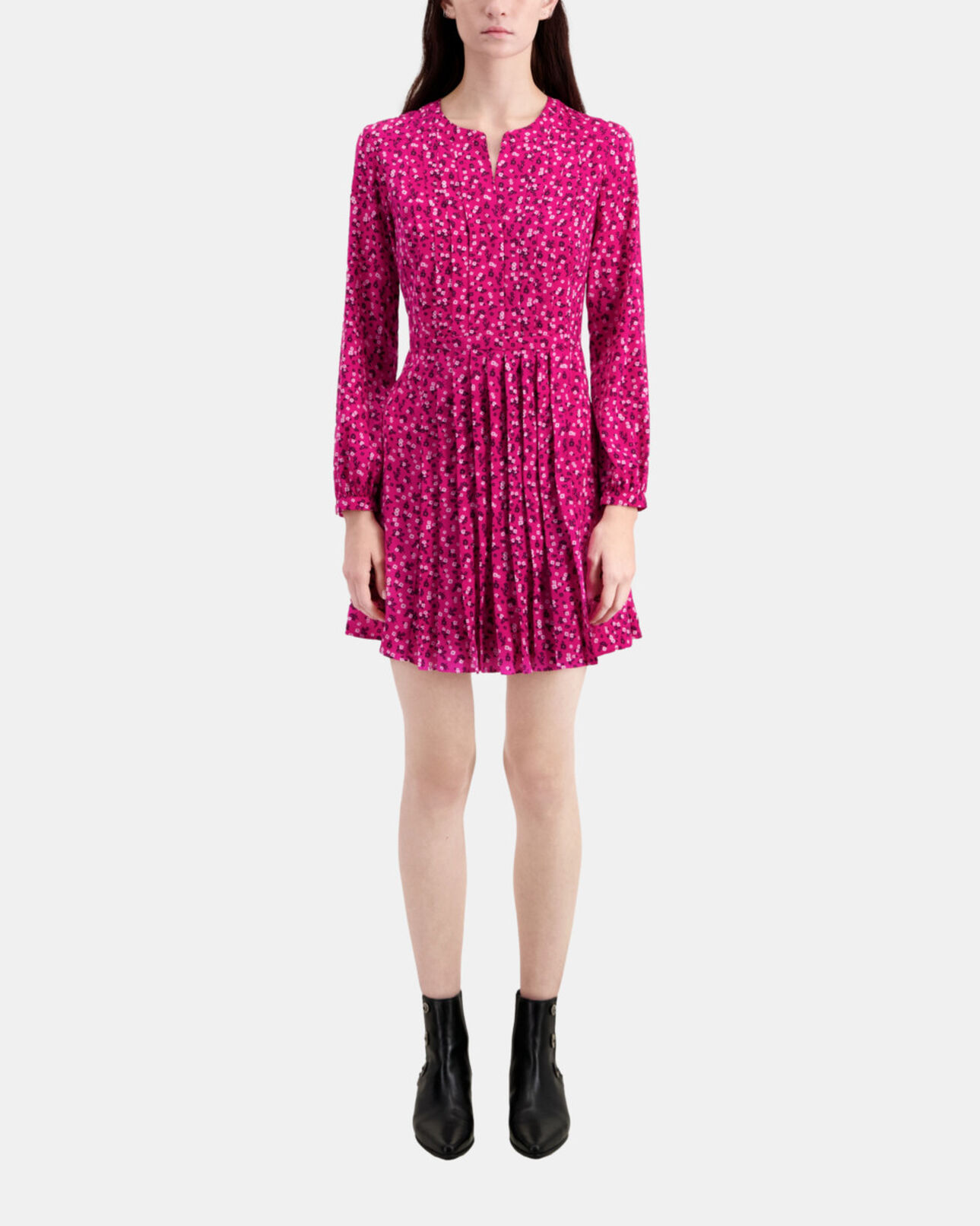 The Kooples WOMEN PINK BLACK short printed dress with pleating