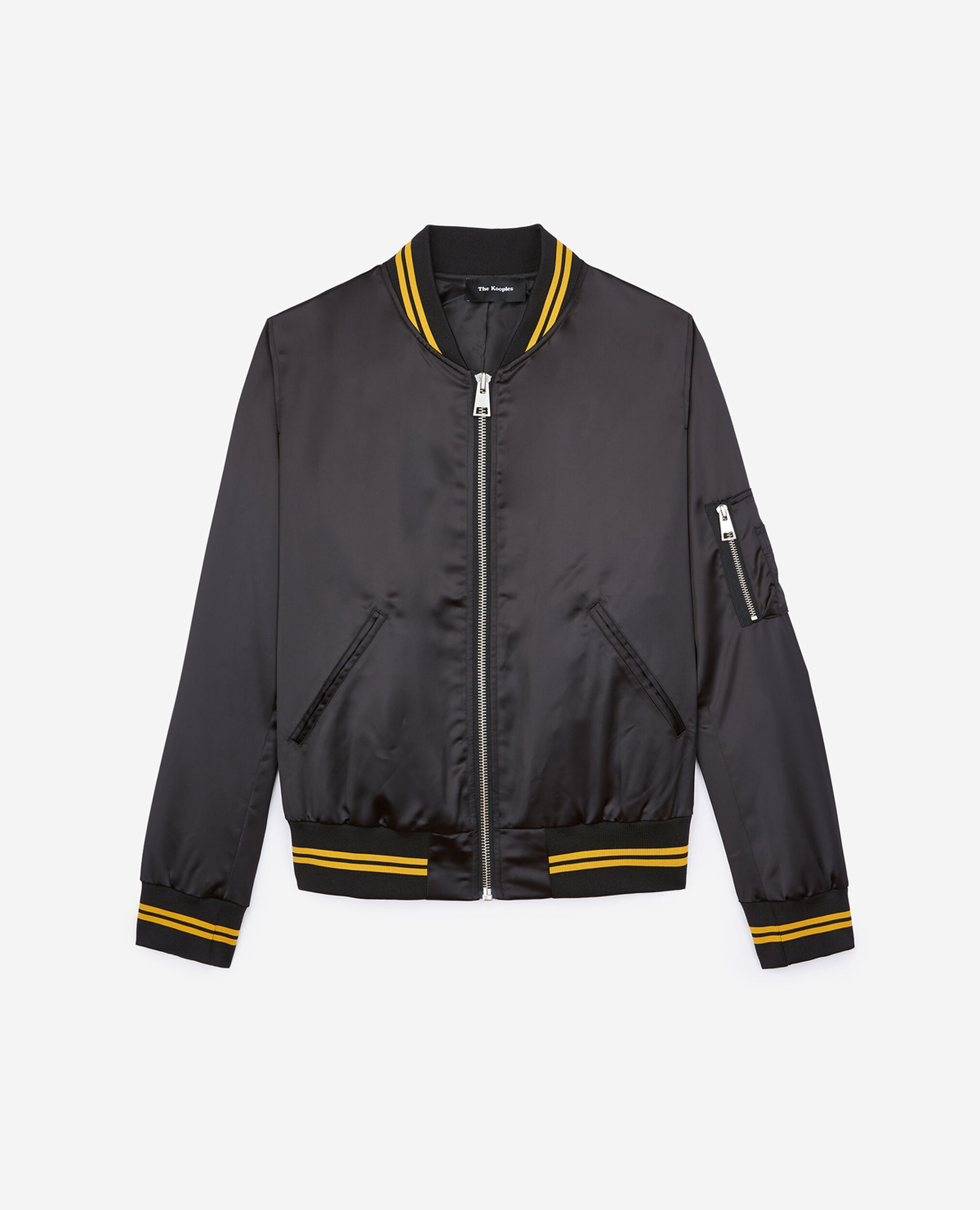 Black satin varsity jacket, BLACK / YELLOW, hi-res image number null