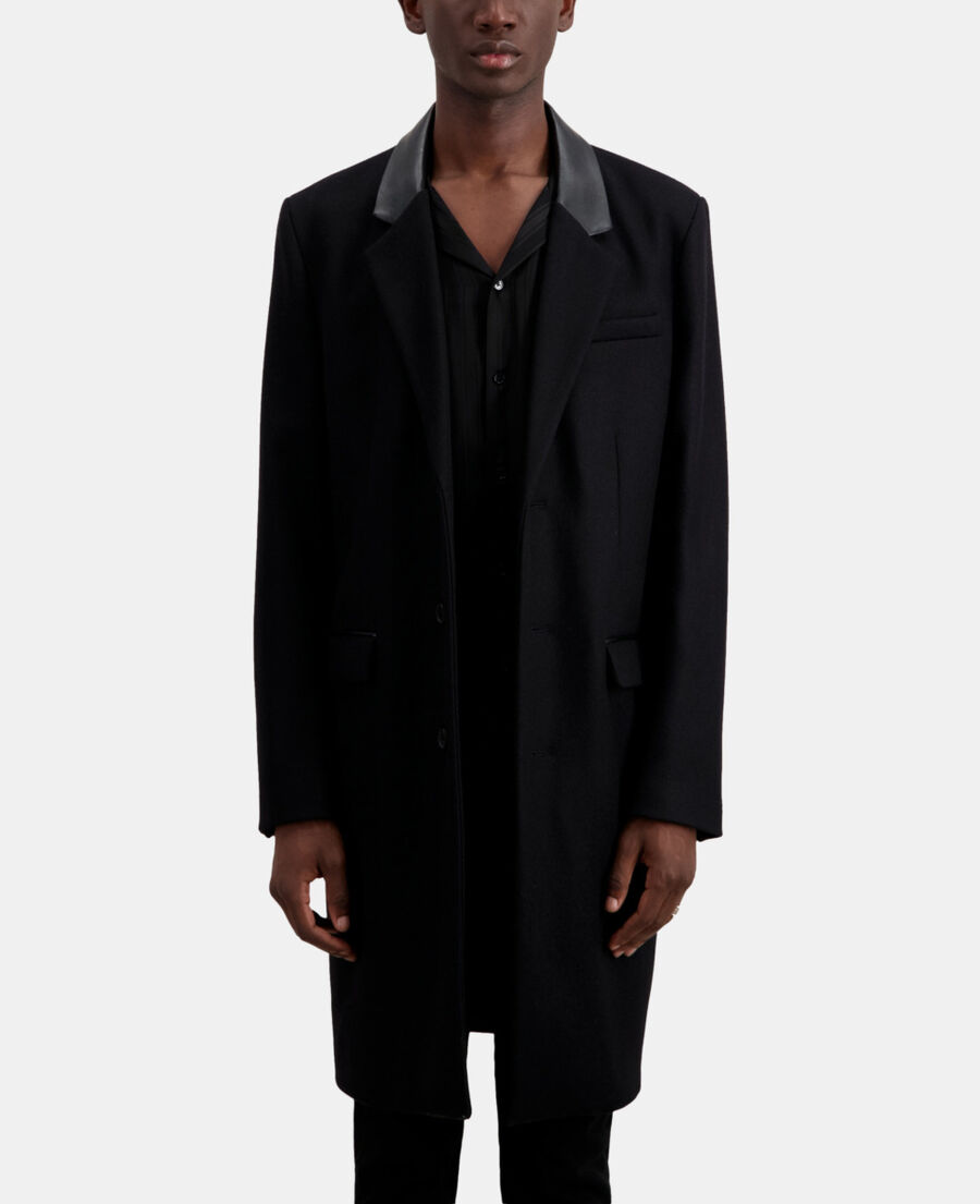 long black coat in wool blend with leather details