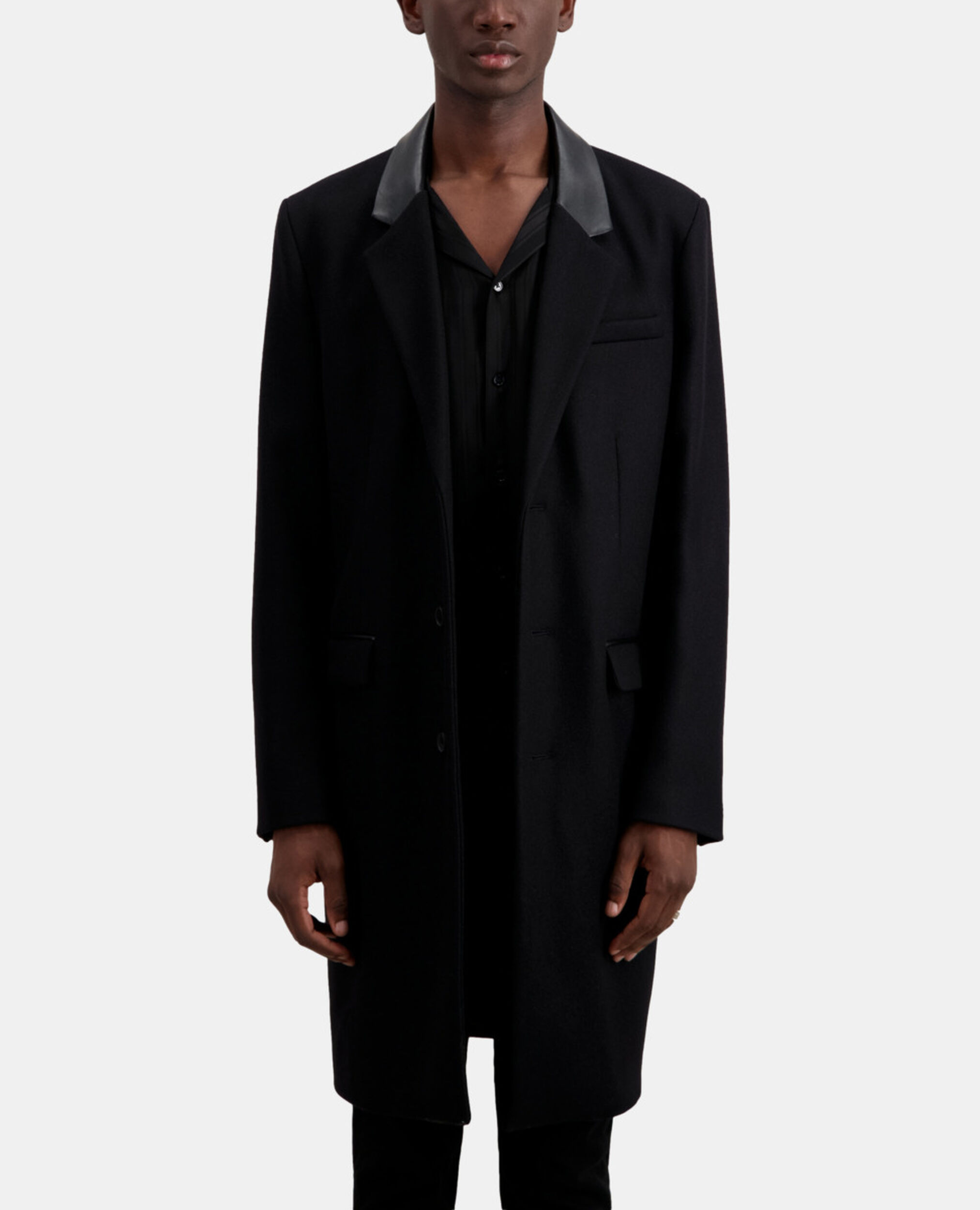 Long black coat in wool blend with leather details, BLACK, hi-res image number null