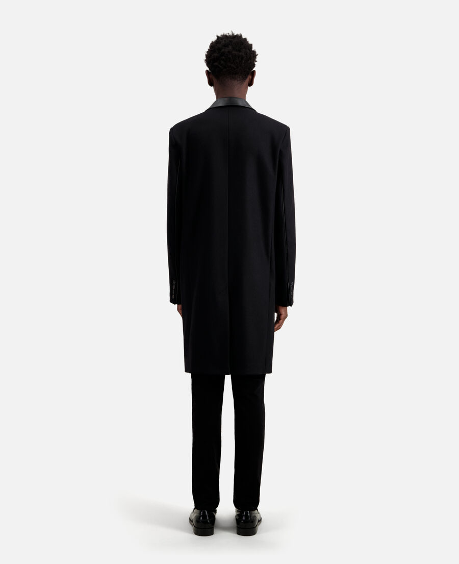 manteau noir long en mélange de laine avec détails en cuir