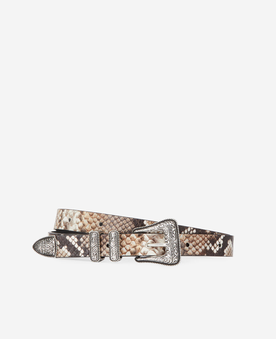 The Kooples MIXED BEIGE-BROWN thin snakeskin-effect leather belt with western-style buckle