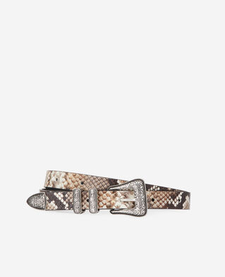 The Kooples MIXED BEIGE-BROWN thin snakeskin-effect leather belt with western-style buckle