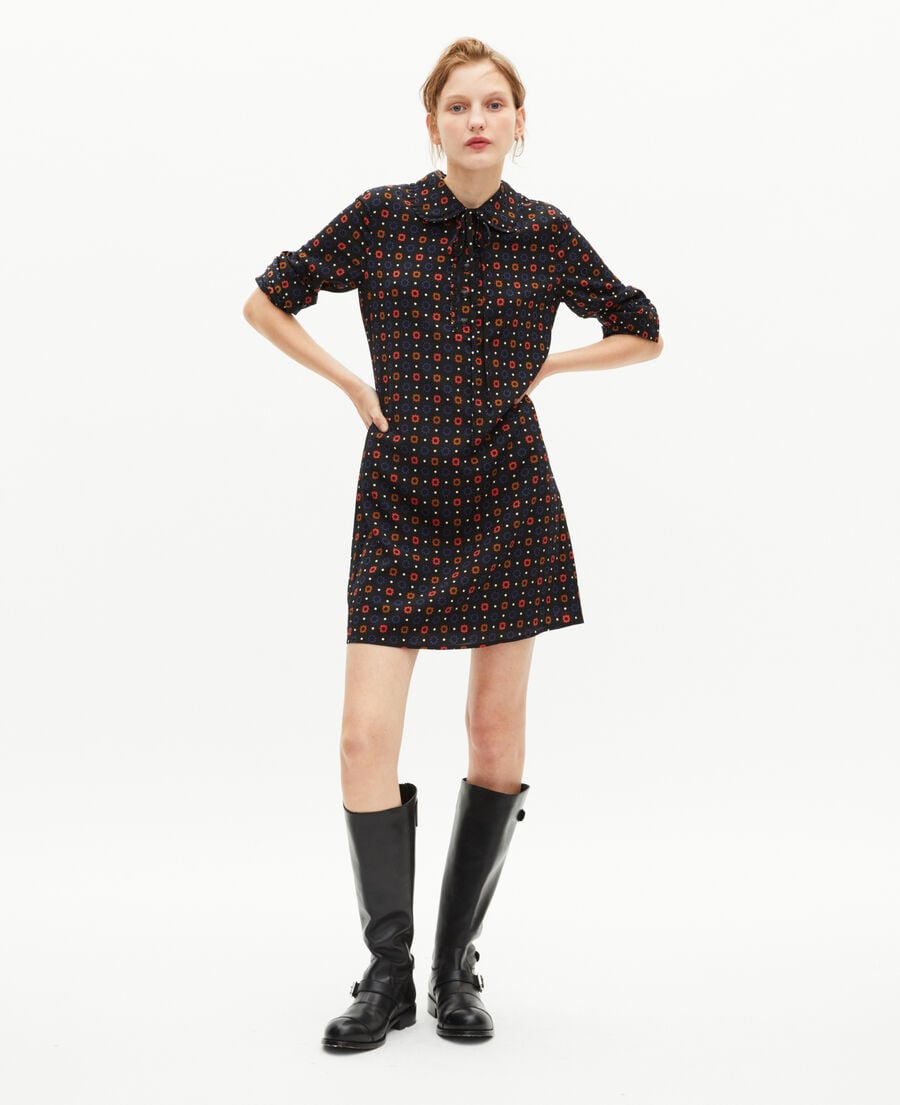 The Kooples DAMEN BLACK MELANGE kurzes kleid mit punkte- und blumenprint aus seidenmischgewebe in schwarz