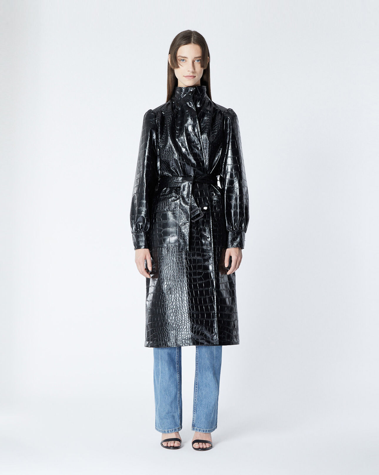 The Kooples DAMEN BLACK schwarzer langer mantel mit lederkragen