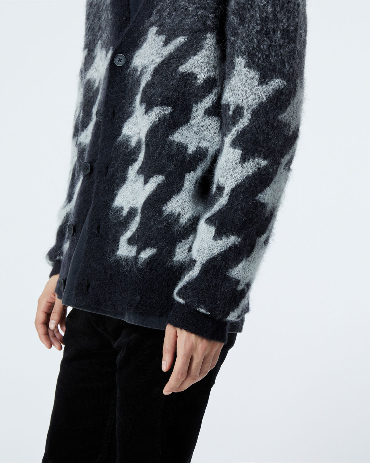 The Kooples HOMME DARK GREY MELANGE / BLACK cardigan mohair noir motif pied-de-poule
