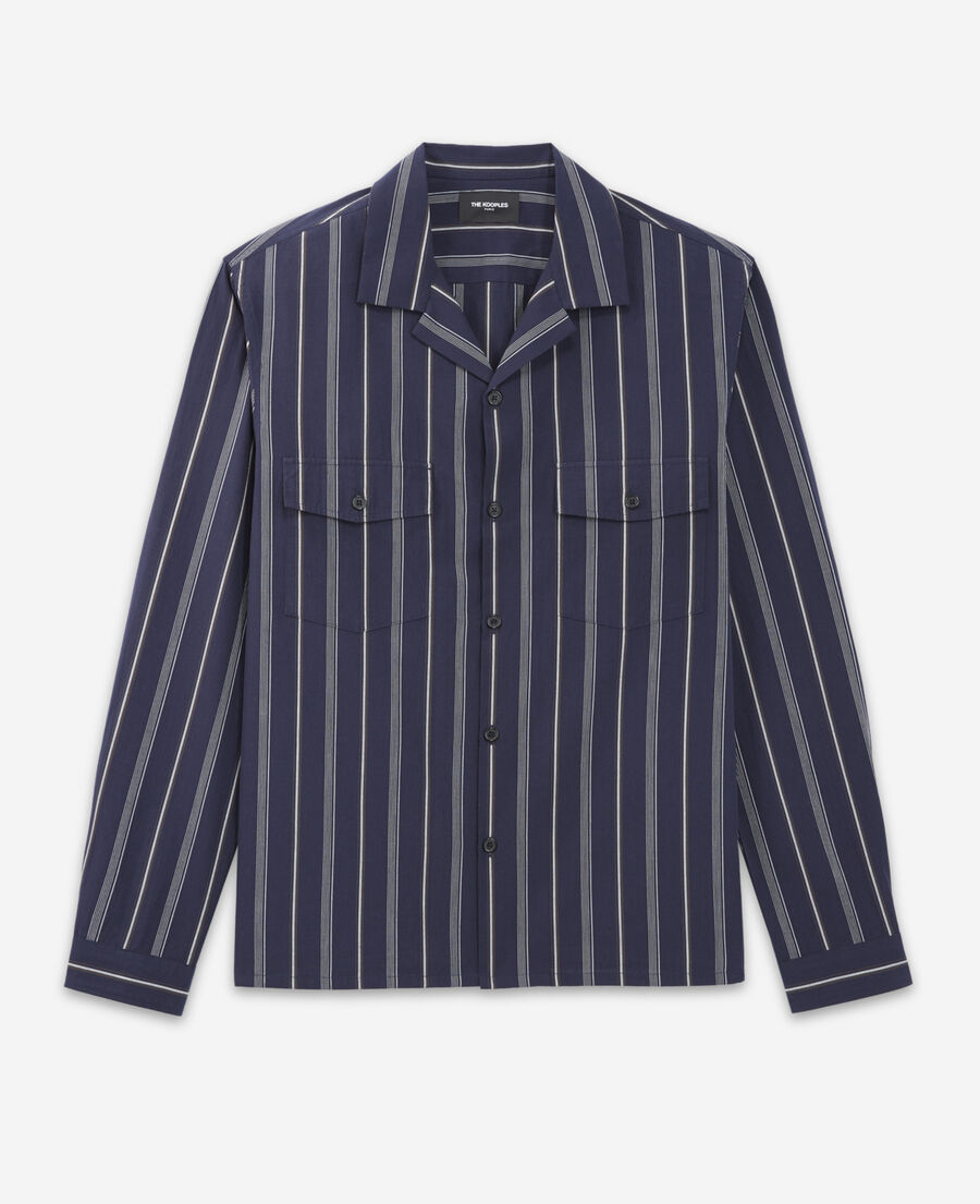 navy blue striped hawaiian-collar shirt