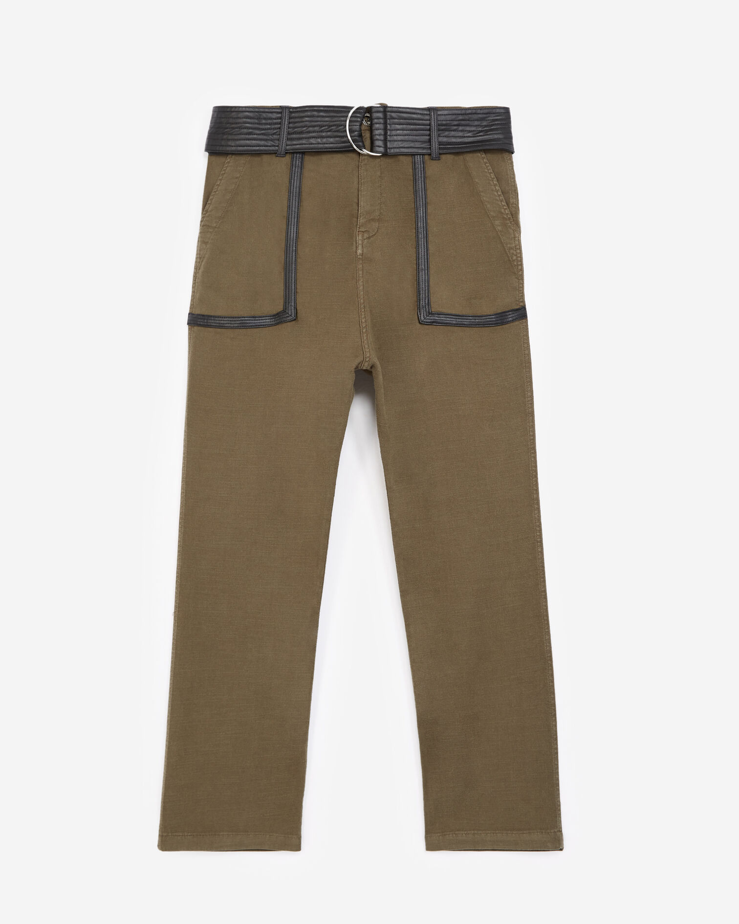 Khaki military pants with leather belt, KAKI, hi-res image number null