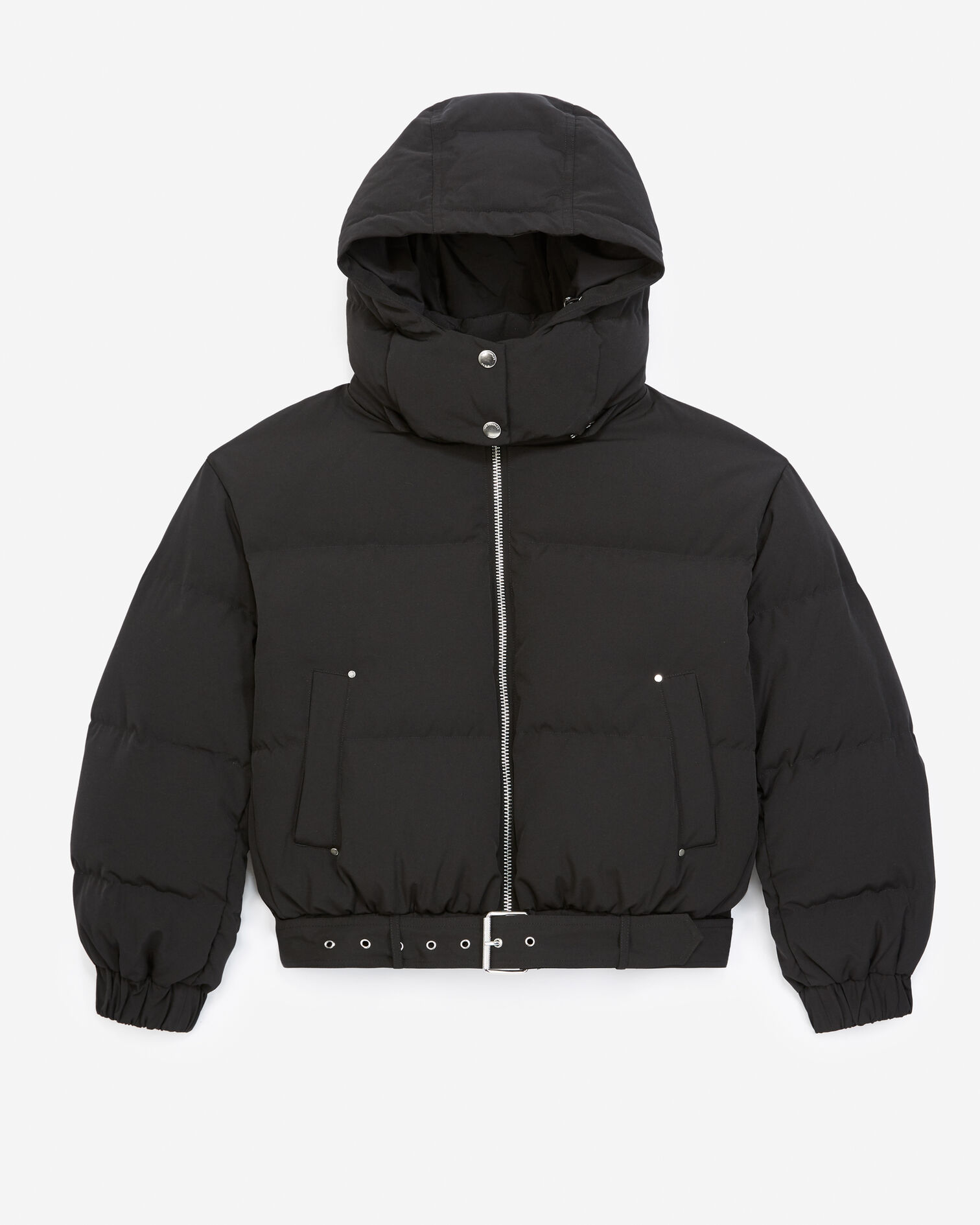 Short black down jacket with hood, BLACK, hi-res image number null