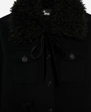 The Kooples DAMEN BLACK langer doppelseitiger wollmantel mit schwarzem sherpa-kragen