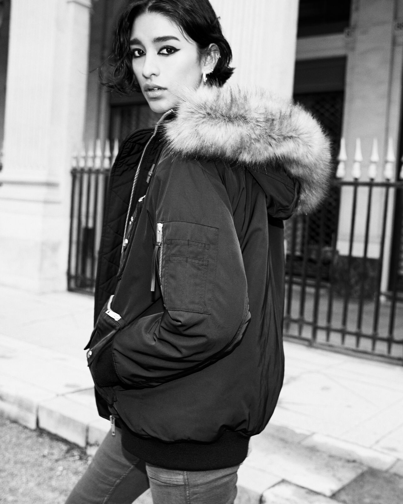 The Kooples WOMEN BLACK black nylon jacket with multiple pockets+hood