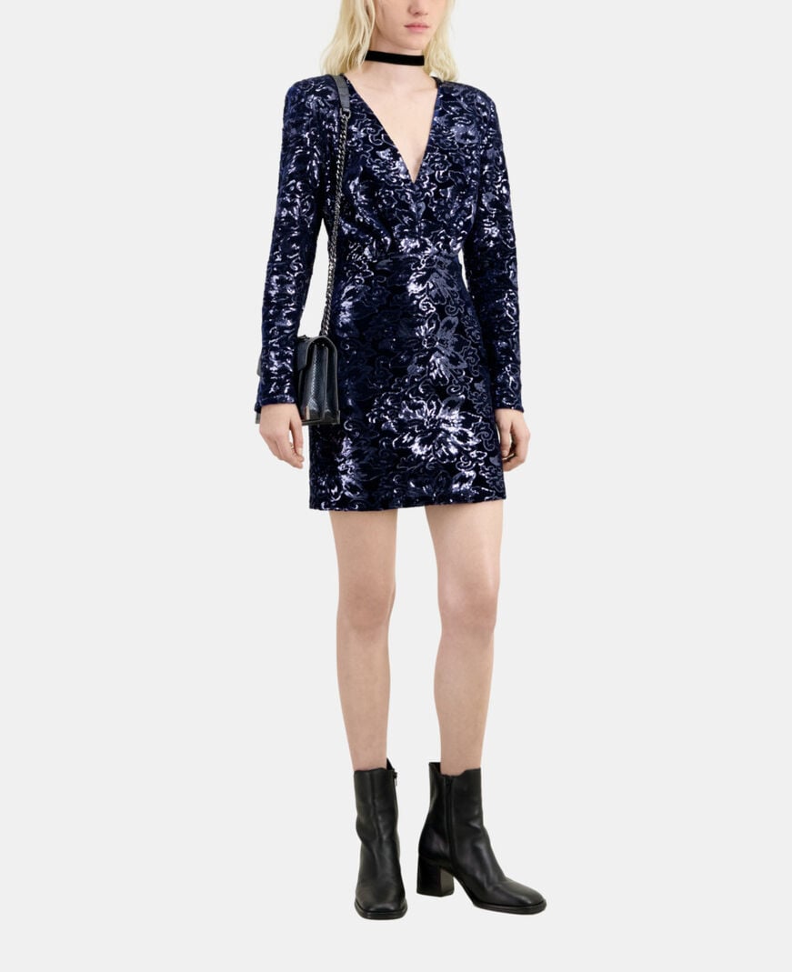 The Kooples F NAVY short navy blue velvet dress with sequins