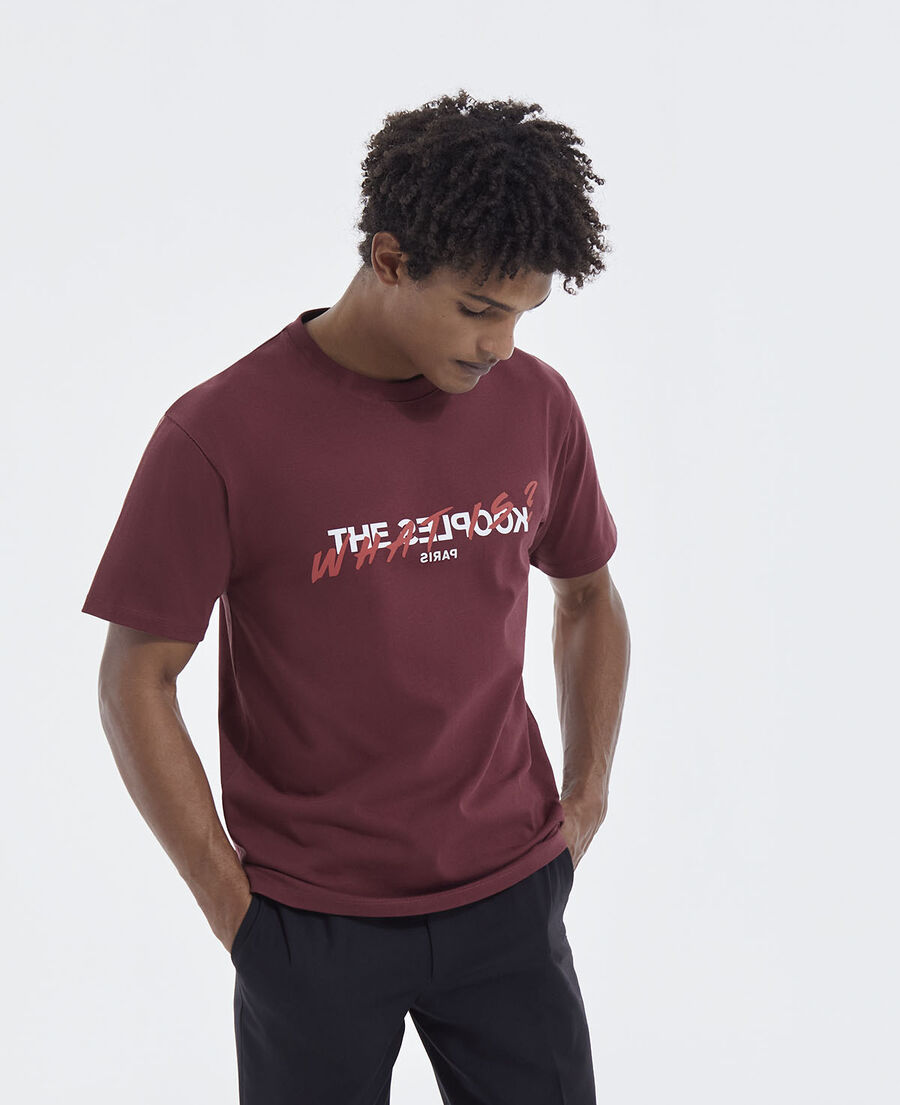 burgundy cotton t-shirt with what is print