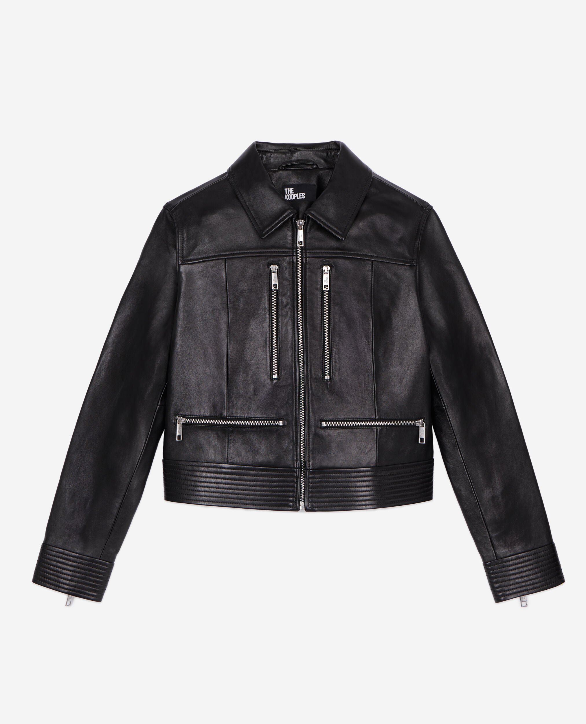 Blouson biker en cuir avec zip noir, BLACK, hi-res image number null