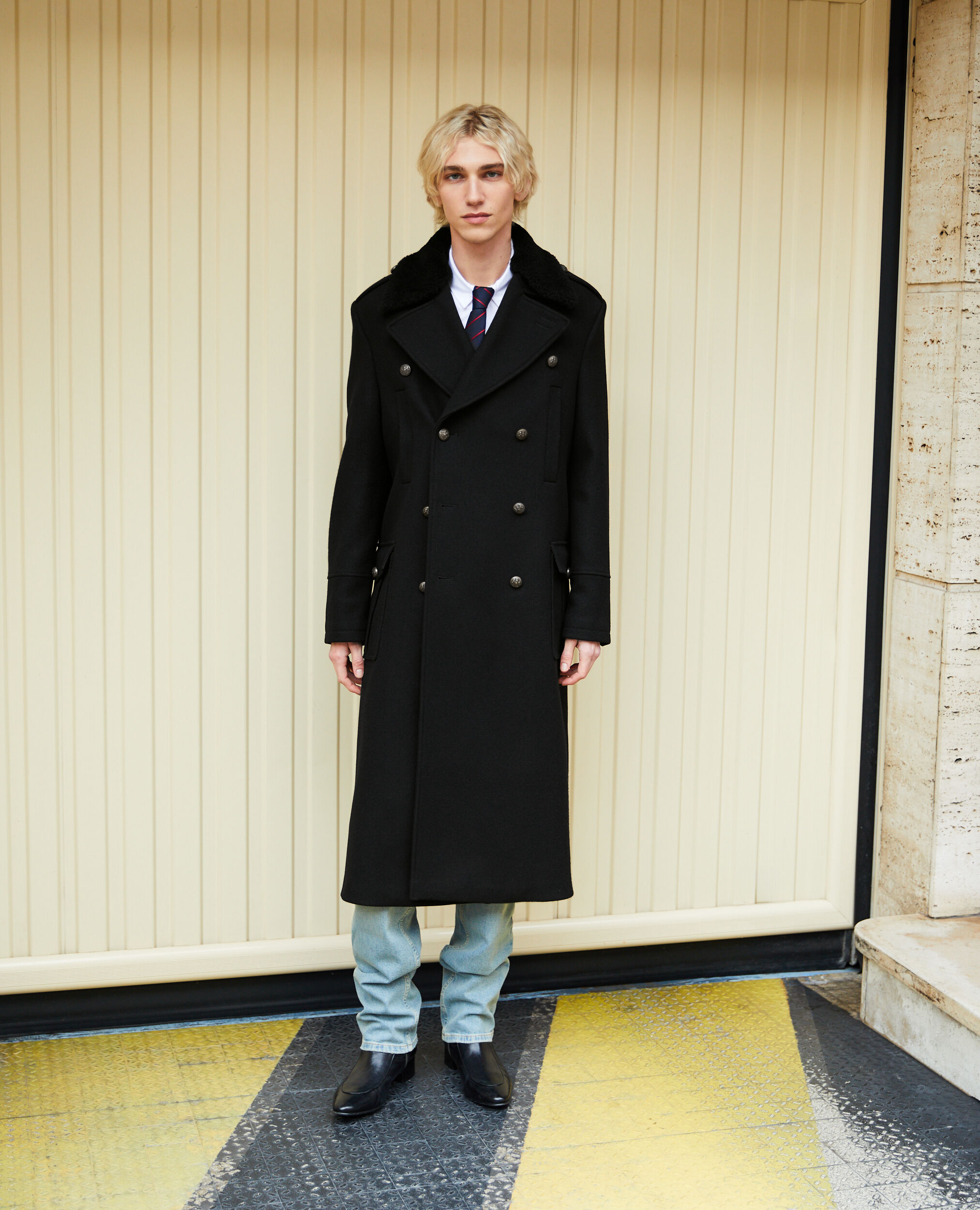 Long black wool coat with sherpa collar | The Kooples US
