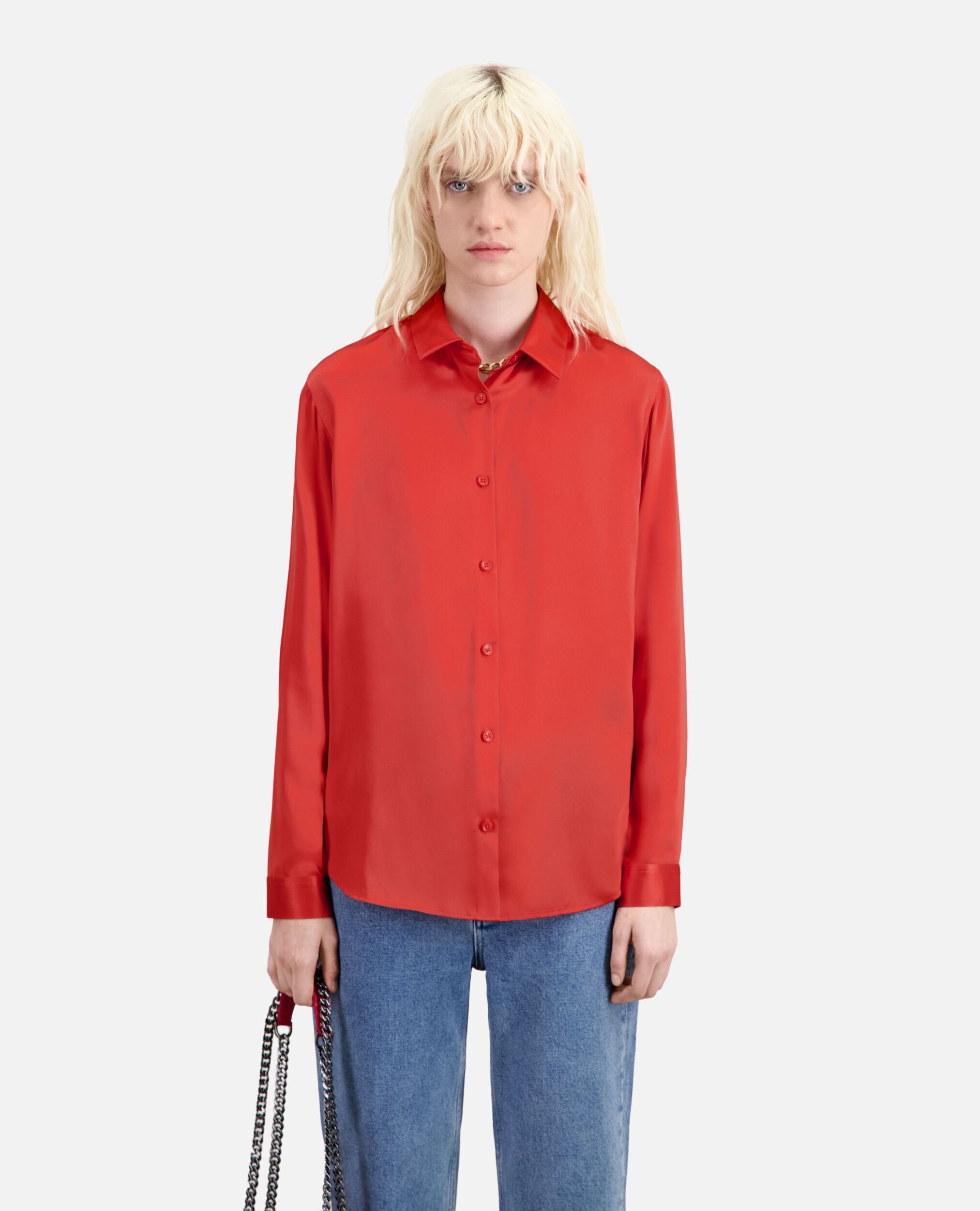 Red satin silk shirt, RED BRIQUE, hi-res image number null