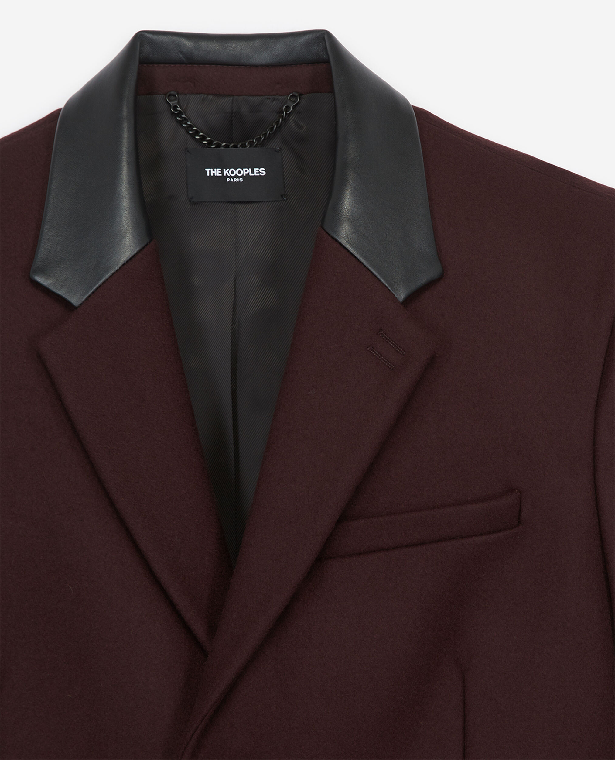 Fitted burgundy wool coat with leather collar | The Kooples