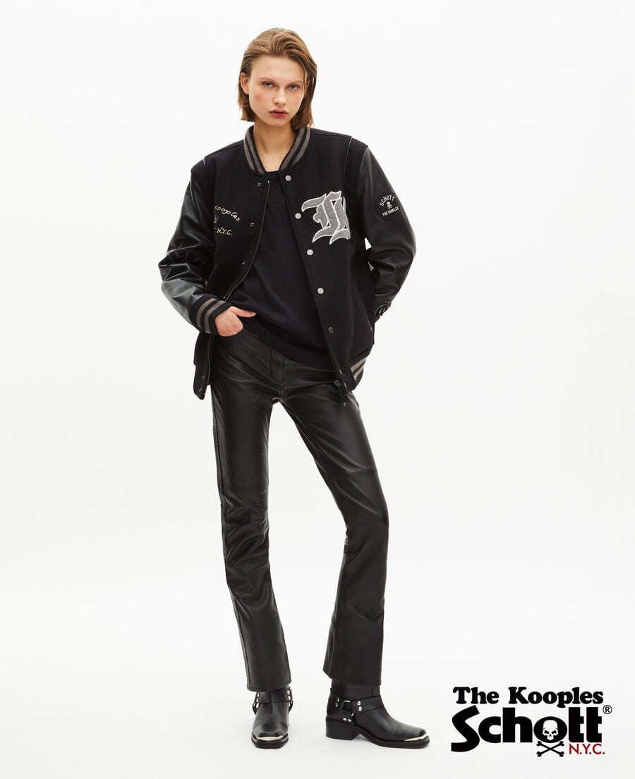 The Kooples FEMME BLACK blouson varsity en cuir noir the kooples x schott nyc