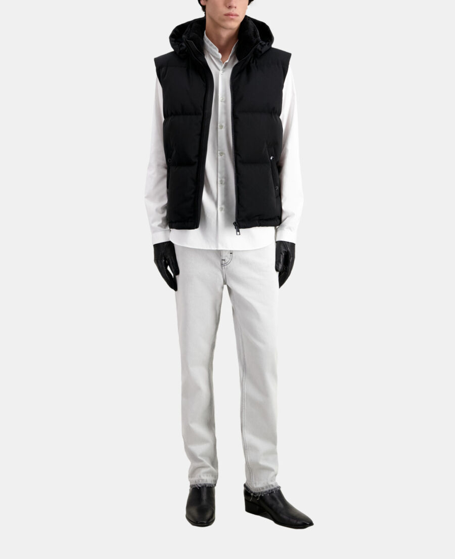 black sleeveless hooded puffer jacket