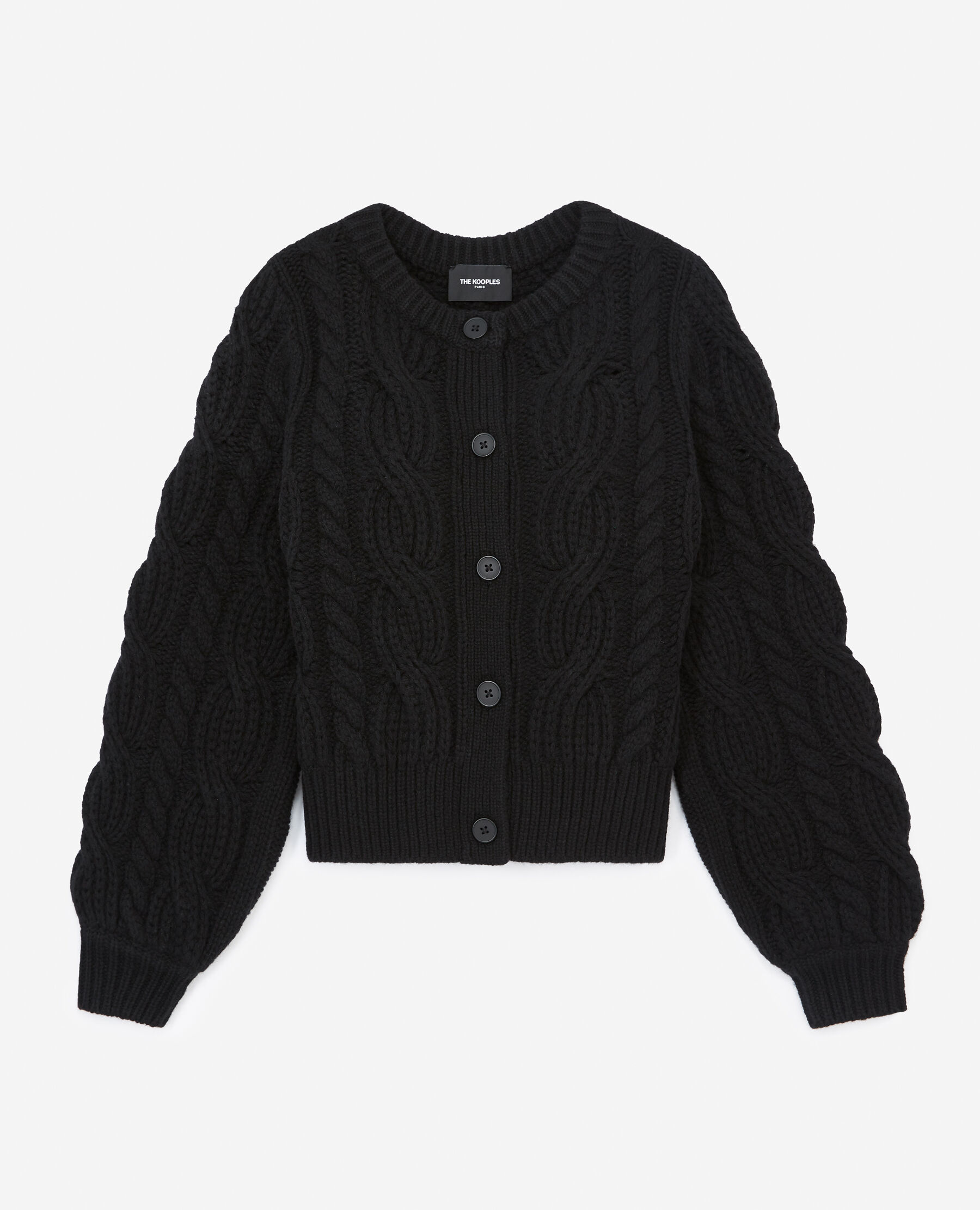 Cropped black wool cardigan with cable knit