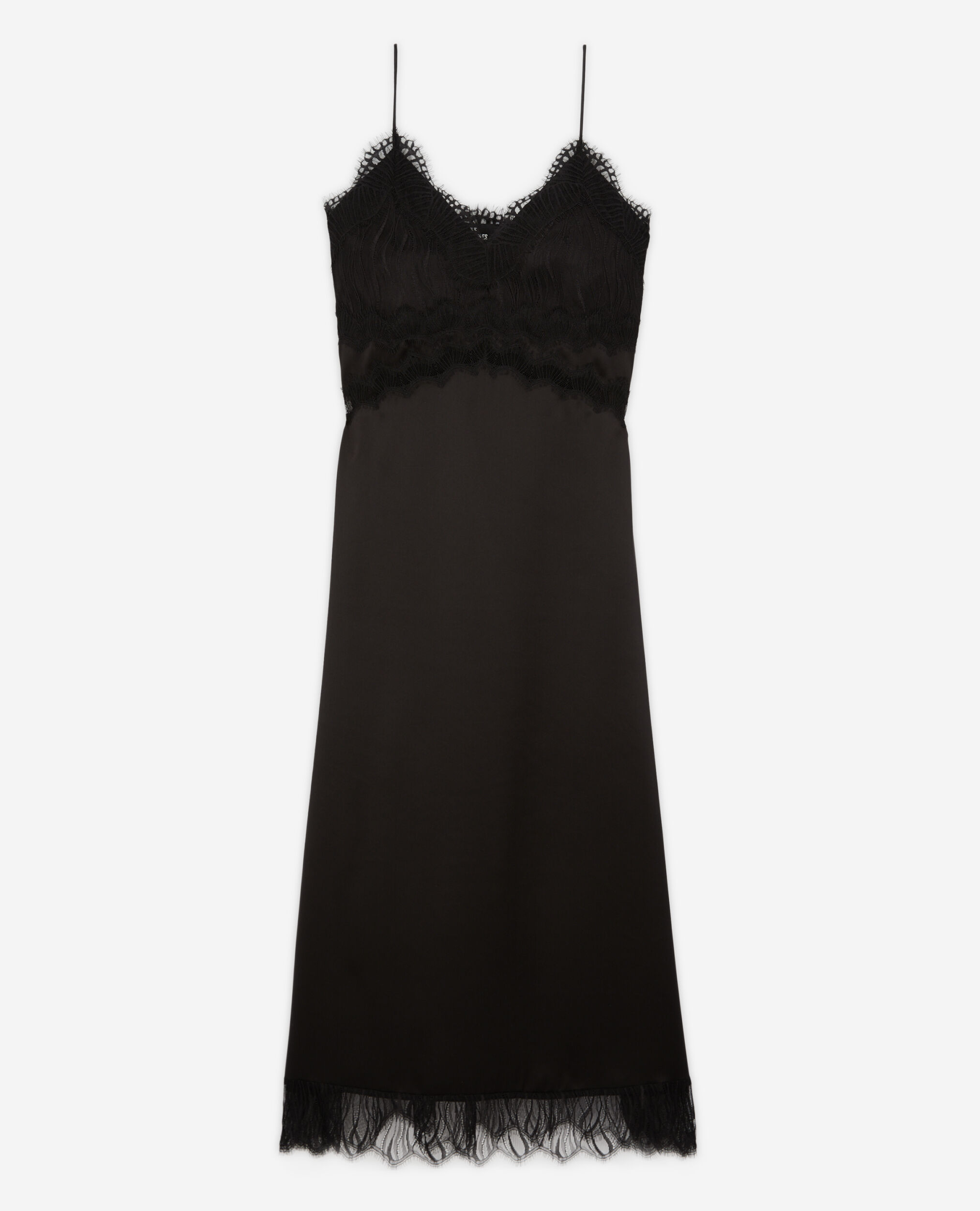 Long black silk slip dress with lace details this season s star piece Discover our selection of women s ready to wear on the website and in store