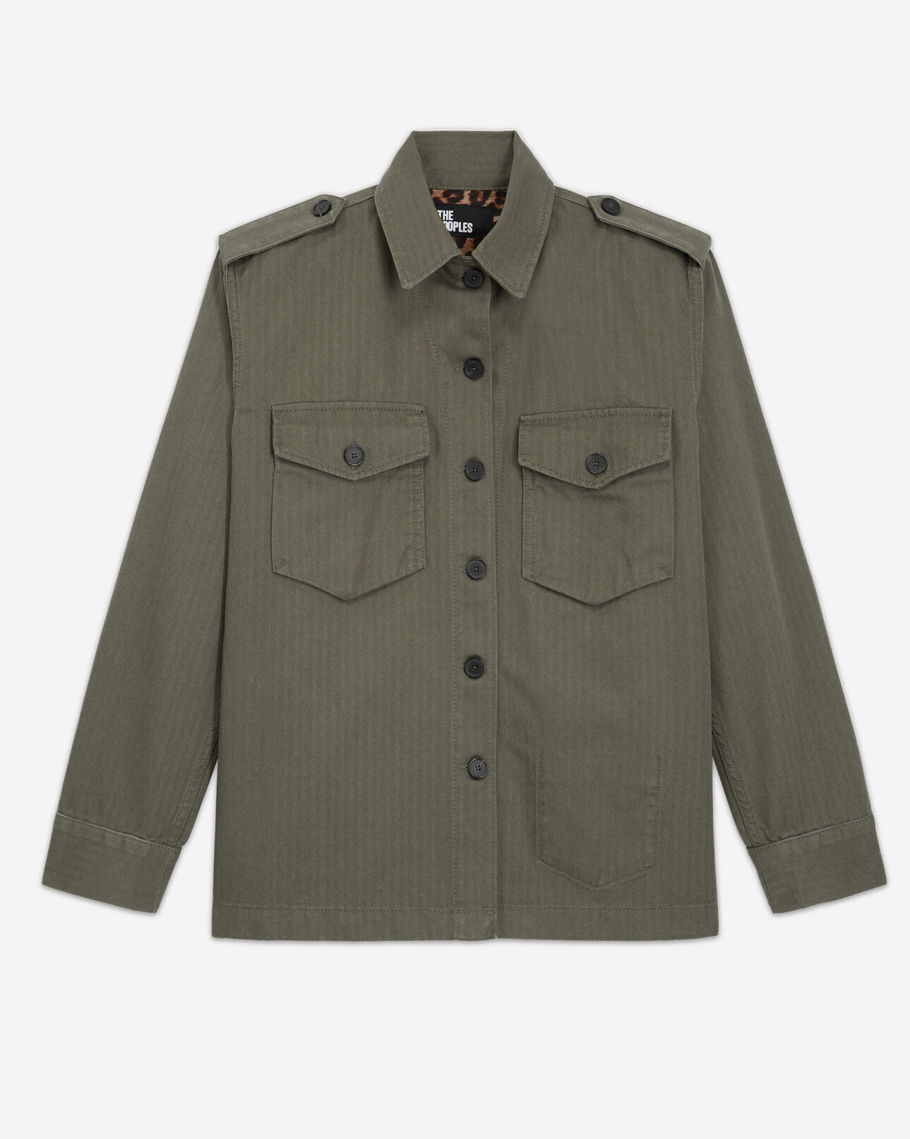 The Kooples DAMEN OLIVE NIGHT khakifarbenes jackenhemd mit leopardenfutter