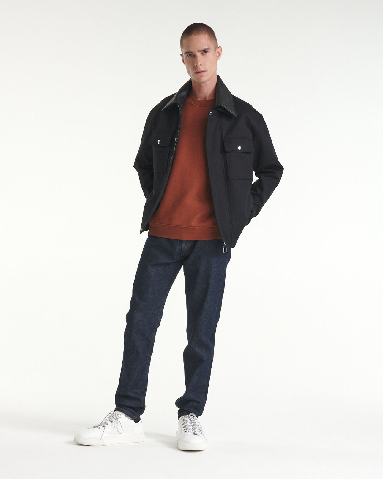 The Kooples MEN NAVY technical navy blue jacket w/leather collar