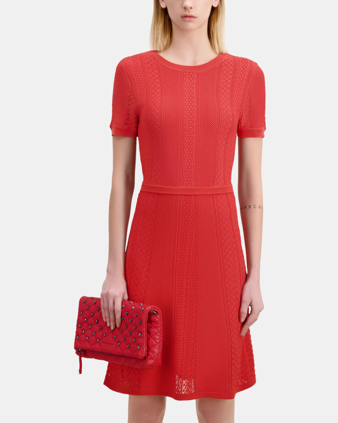 The Kooples WOMEN RED BRIQUE short red openwork knit dress