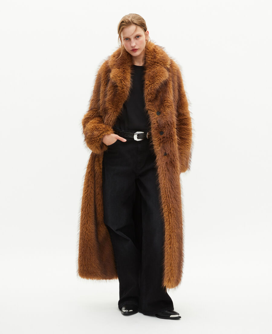 The Kooples DAMEN CHOCOLATE langer mantel in pelzoptik braun