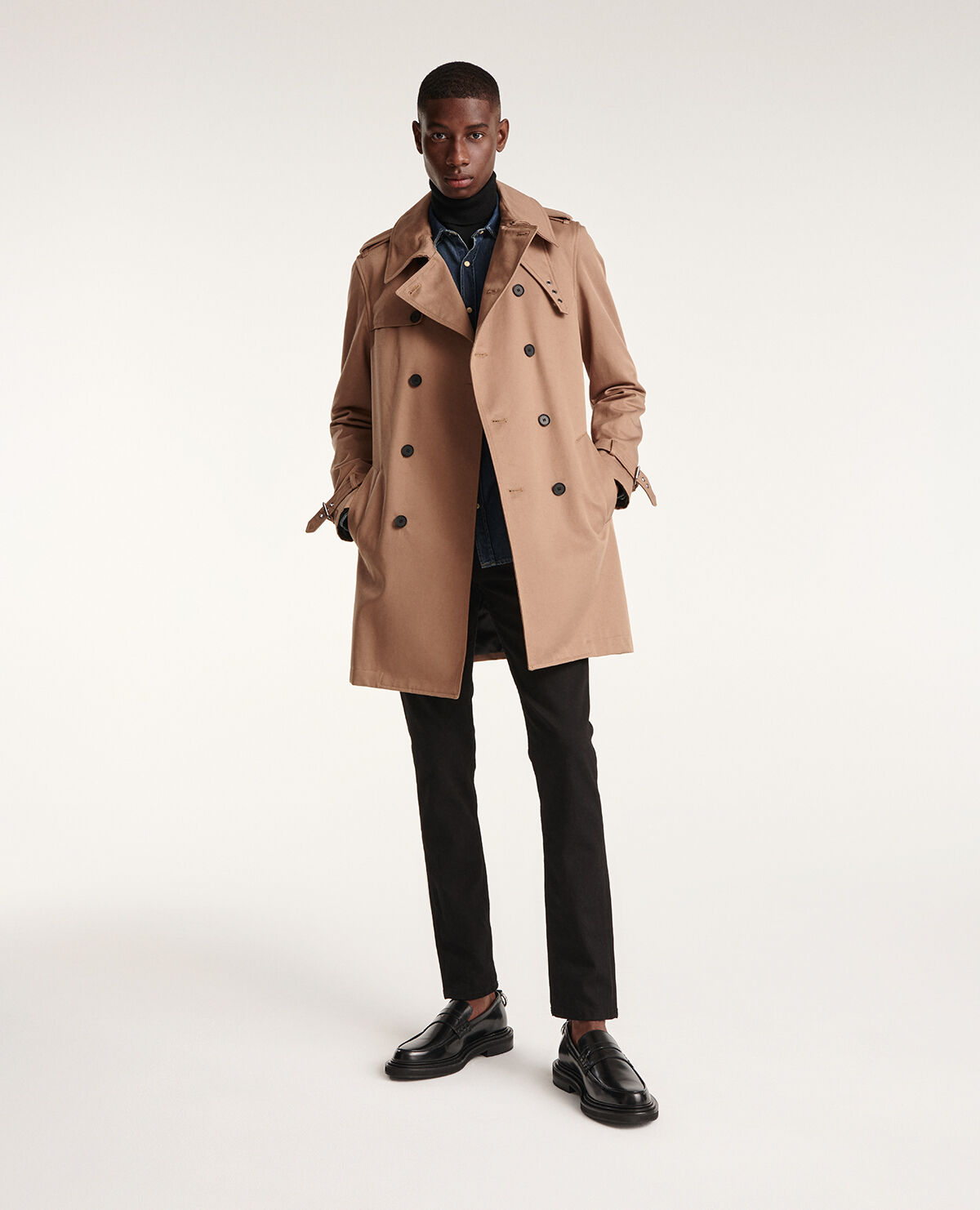 Beige belted double breasted trench coat The Kooples US