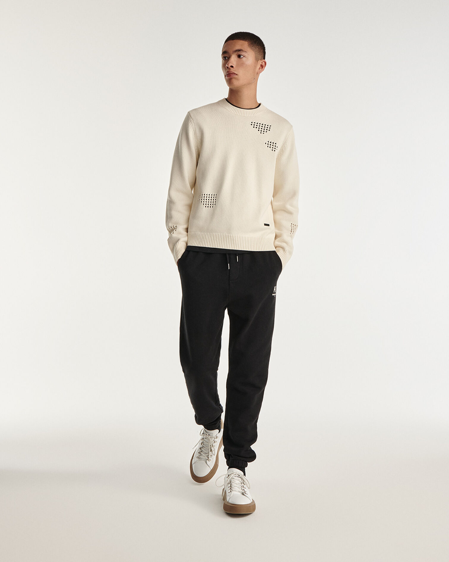 Pull en laine et coton écru à détails, BEIGE, hi-res image number null