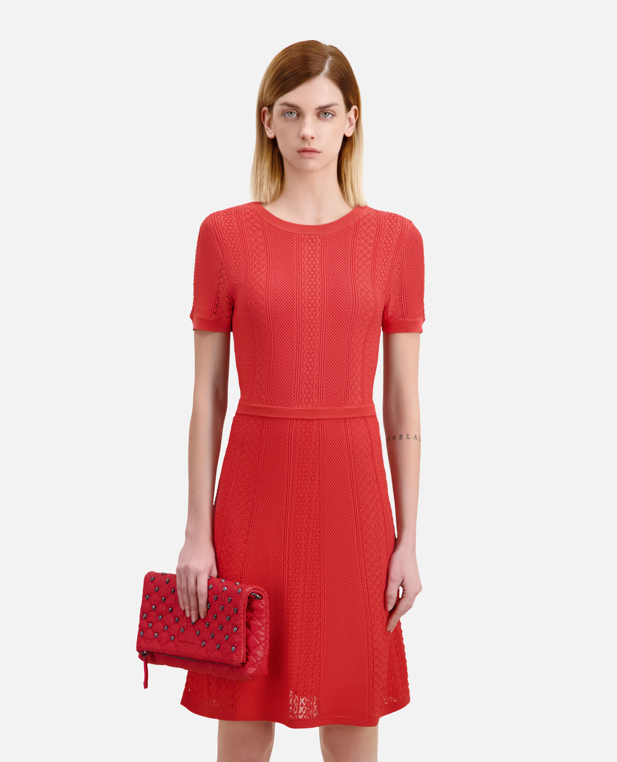 Short red openwork knit dress, RED BRIQUE, hi-res image number null